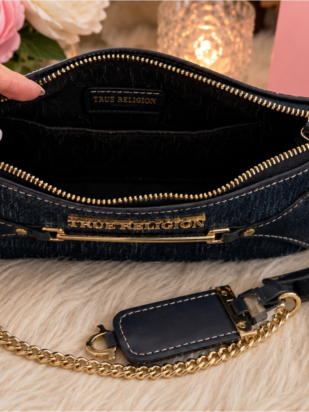 True Religion Dark Denim Shoulder Bag with Gold Hardware - Picture 3 of 4
